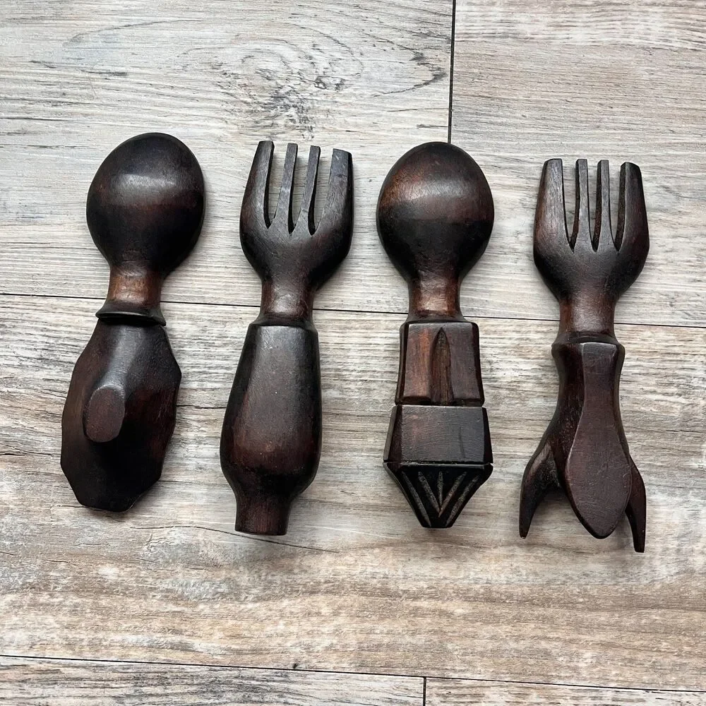 Vintage Western Carved Wooden Salad Servers Spoon Fork Rustic Cowboy Utensils